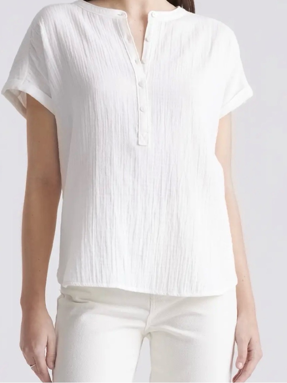 Quince White Short-Sleeve Cotton Gauze Button Henley Blouse